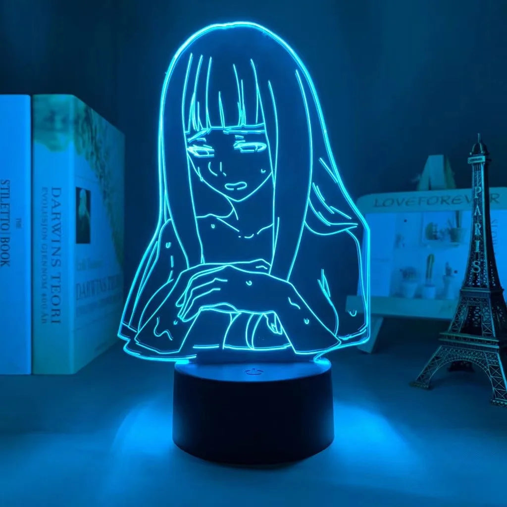 <img src="LED night lamp featuring an engraved acrylic portrait of the anime character Hinata, with long hair and a headband bearing a symbol. The vibrant pinkish-red light accentuates her facial details and clothing. The lamp base emits a warm, ambient glow, highlighting the intricate design.">