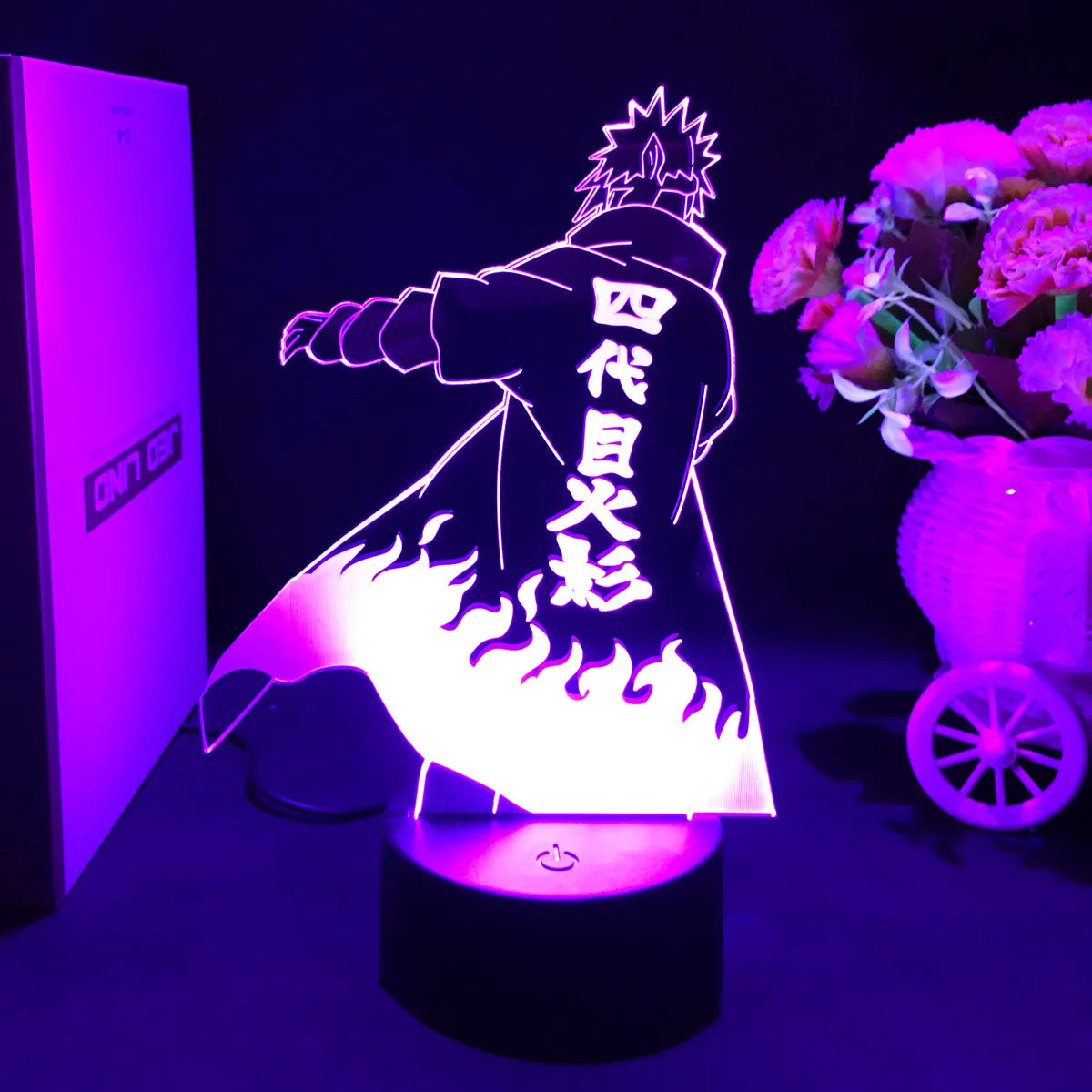 <img src="nightlight-4th-hokage.jpg" alt="Acrylic nightlight featuring the 4th Hokage from Naruto, with a cloak adorned with flames and Japanese characters.">