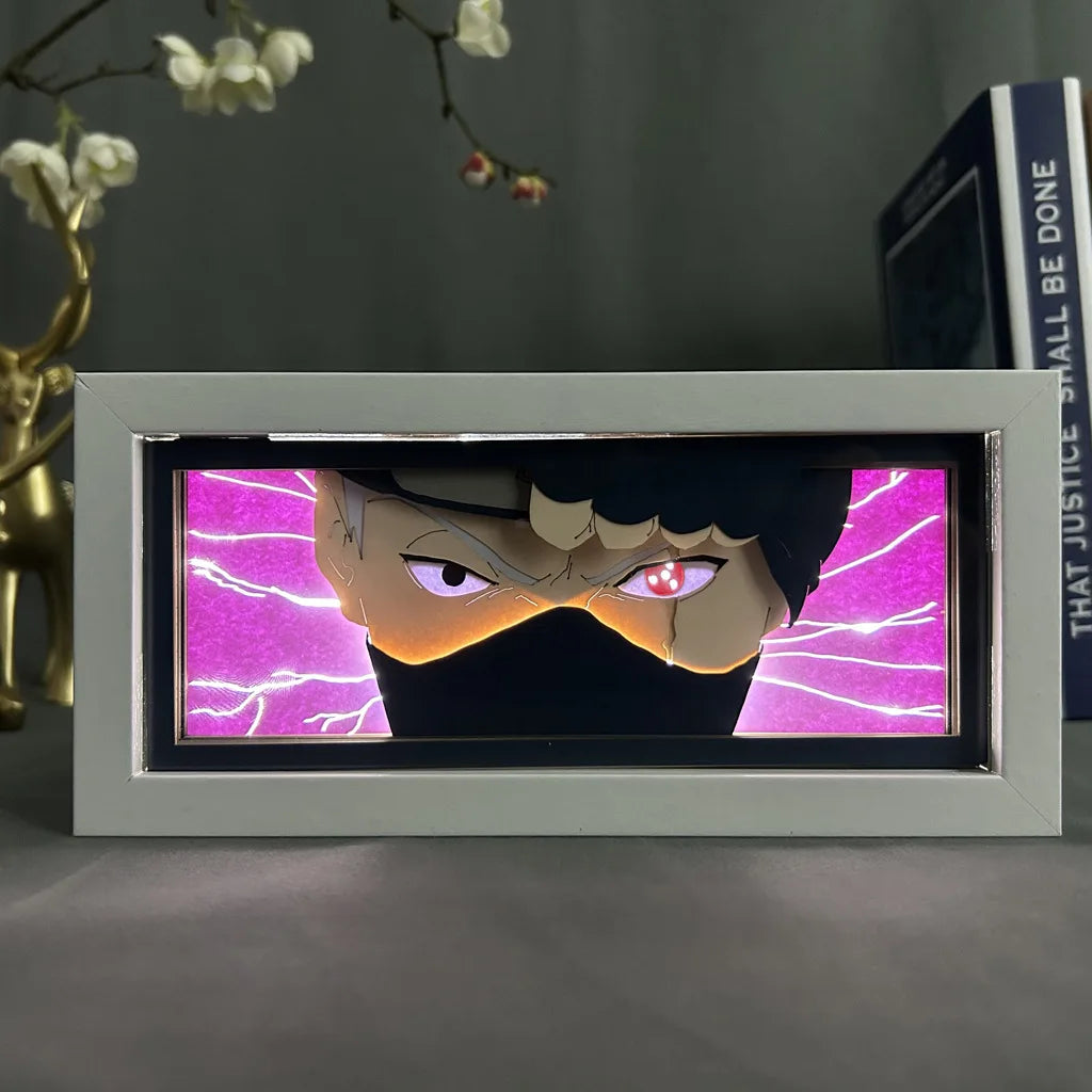 <img src="kakashi.jpg" alt="LED anime shadow box of Kakashi Hatake from Naruto with electrifying purple lightning background. Naruto anime decor featuring Kakashi with Sharingan eye, perfect for fans of Naruto Shippuden and Team 7. Ideal for anime lovers, Naruto-themed room decor, and collectors. High-quality Kakashi Hatake LED art with lightning effect backdrop. Unique anime gift idea for Naruto and Kakashi fans.">