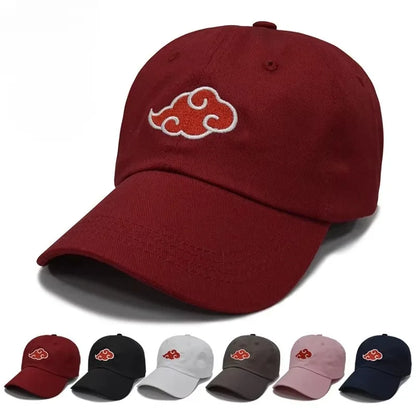 <img src="white-gray-dark-red-bordeaux-black-pink-navy-blue-cap.jpg" alt="Akatsuki cap collection with red cloud symbol from Naruto anime, available in multiple colors: white, black, red, pink, brown, and navy blue. Adjustable, unisex anime hats with high-quality embroidered Akatsuki logo, ideal for Naruto fans, cosplay, streetwear, and anime collectors. Perfect Naruto Shippuden accessories for Japanese anime lovers.">