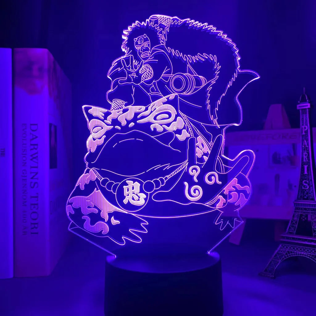 <img src="jiraya-gamabunta-nightlight.jpg" alt="LED acrylic nightlight depicting the legendary character Jiraiya from Naruto, standing on top of the powerful toad summon Gamabunta. The design is illuminated in a warm orange glow, showcasing Jiraiya’s signature stance and Gamabunta's distinct details, creating an iconic scene from the series.">