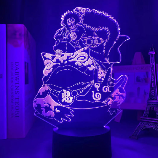 <img src="jiraya-gamabunta-nightlight.jpg" alt="LED acrylic nightlight depicting the legendary character Jiraiya from Naruto, standing on top of the powerful toad summon Gamabunta. The design is illuminated in a warm orange glow, showcasing Jiraiya’s signature stance and Gamabunta's distinct details, creating an iconic scene from the series.">