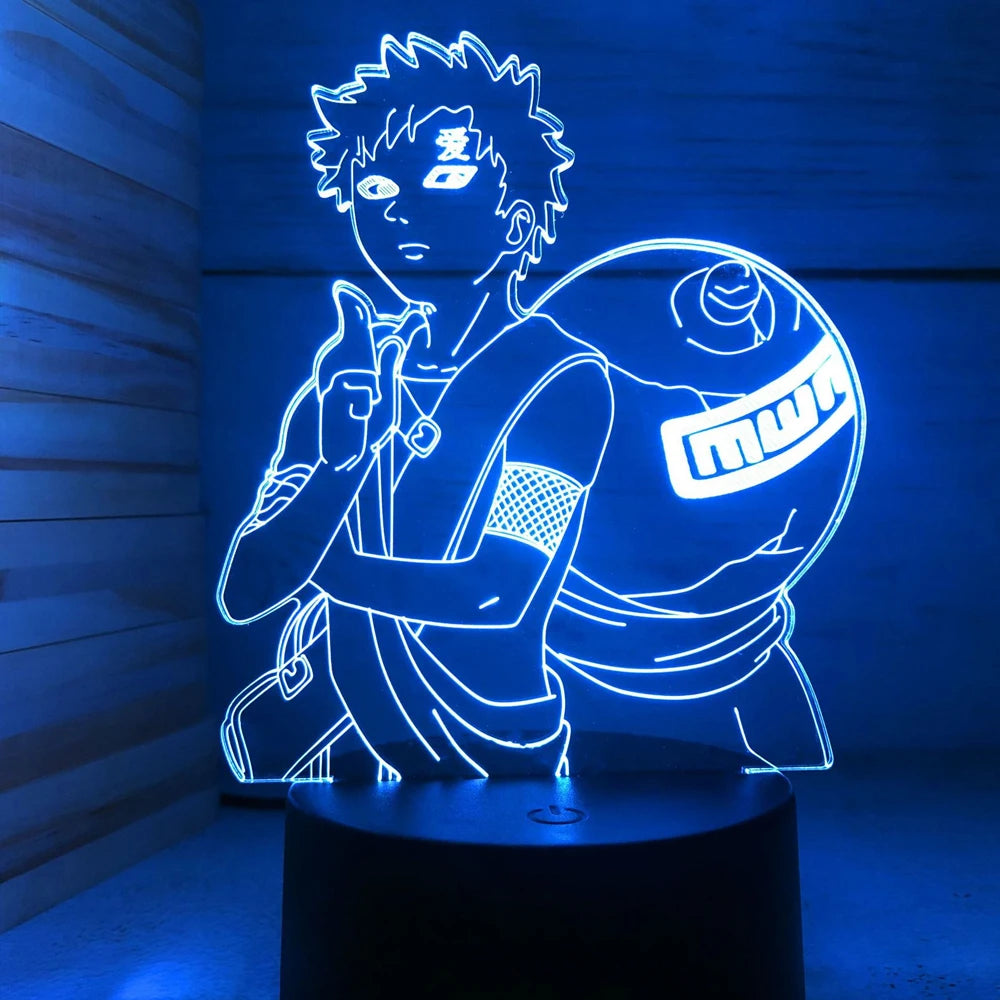 <img src="nightlight-4th-hokage.jpg" alt="Illuminated acrylic nightlight featuring Gaara from Naruto. The design shows Gaara with his iconic sand gourd on his back, glowing in a cool blue light against a dark background. His intense expression and sand-themed attire capture his unique character, making this a perfect collectible for Naruto fans and anime decor enthusiasts.">