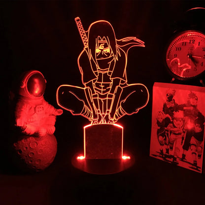 <img src="itachi-on-pole-nightlight.jpg" alt="Red LED lamp depicting Itachi Uchiha from Naruto in a crouching pose, just before the Uchiha clan massacre. On the left, a glowing astronaut figurine, and on the right, a clock and an image featuring other Naruto characters, creating a moody, dimly lit decor.">