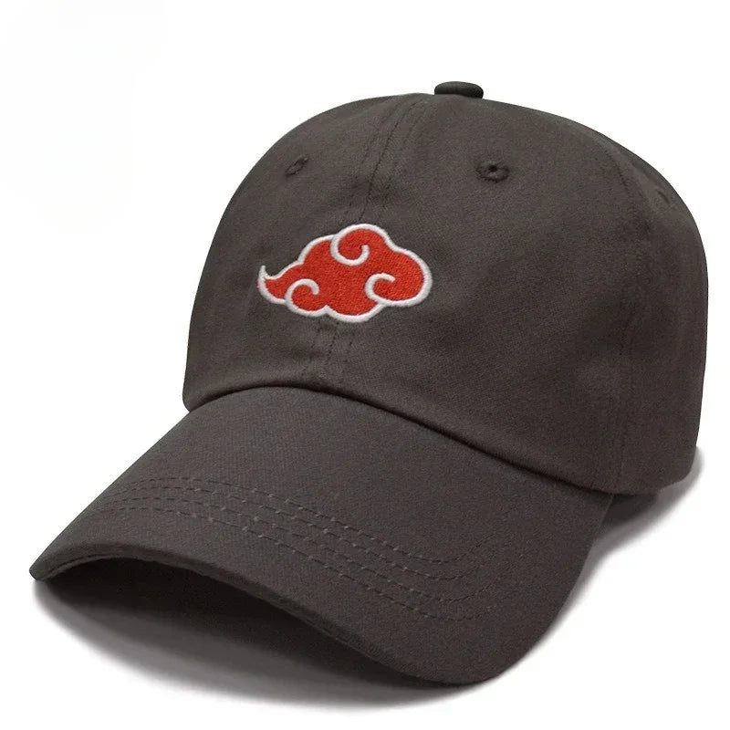 <img src="gray-akatsuki-cap.jpg" alt="White Akatsuki cap with iconic red cloud symbol from Naruto Shippuden anime. Adjustable unisex hat, perfect for Naruto fans, cosplay, or anime streetwear. High-quality embroidered Akatsuki cloud logo, ideal for collectors, anime lovers, and Naruto merchandise enthusiasts. Stylish Naruto Akatsuki cap for fans of Japanese anime and manga culture.">