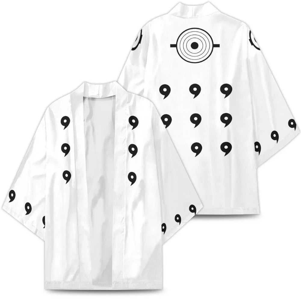 <img src="rikudo-kimono-naruto-naruto-shippuden.jpg" alt="White kimono cloak inspired by Naruto, featuring black tomoe symbols on the sleeves and Rinnegan design on the back. Perfect for Naruto fans and anime cosplay. Lightweight, high-quality fabric ideal for casual wear or cosplay. Unique anime-themed jacket available at Naruto eStore, a must-have clothing item for dedicated fans of the Naruto series.">