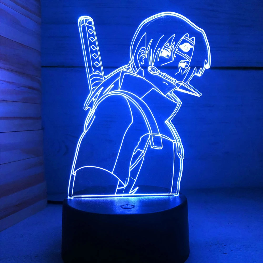 <img src="LED lamp featuring an outline illustration of Itachi Uchiha, a character from the anime series Naruto and Naruto Shippuden, with a sword on his back. The warm blue light accentuates his iconic headband and serious expression, capturing his memorable look from the series.">