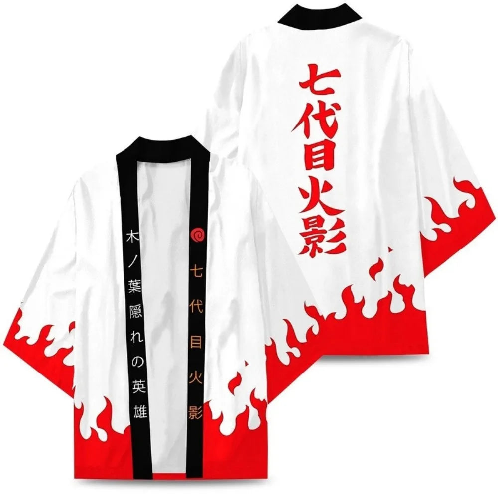 <img src="4th-hokage-kimono.jpg" alt="Naruto-inspired kimono jacket with bold red Fourth Hokage Kanji symbols on the back and red flame patterns on the sleeves and hem. Perfect for Naruto fans wanting to embody the spirit of the Hidden Leaf Village’s legendary Hokage. Lightweight, traditional Japanese style, featuring Kanji for 'Hero of the Hidden Leaf Village.' Ideal for cosplay, casual wear, or as a collector's piece for anime enthusiasts.">