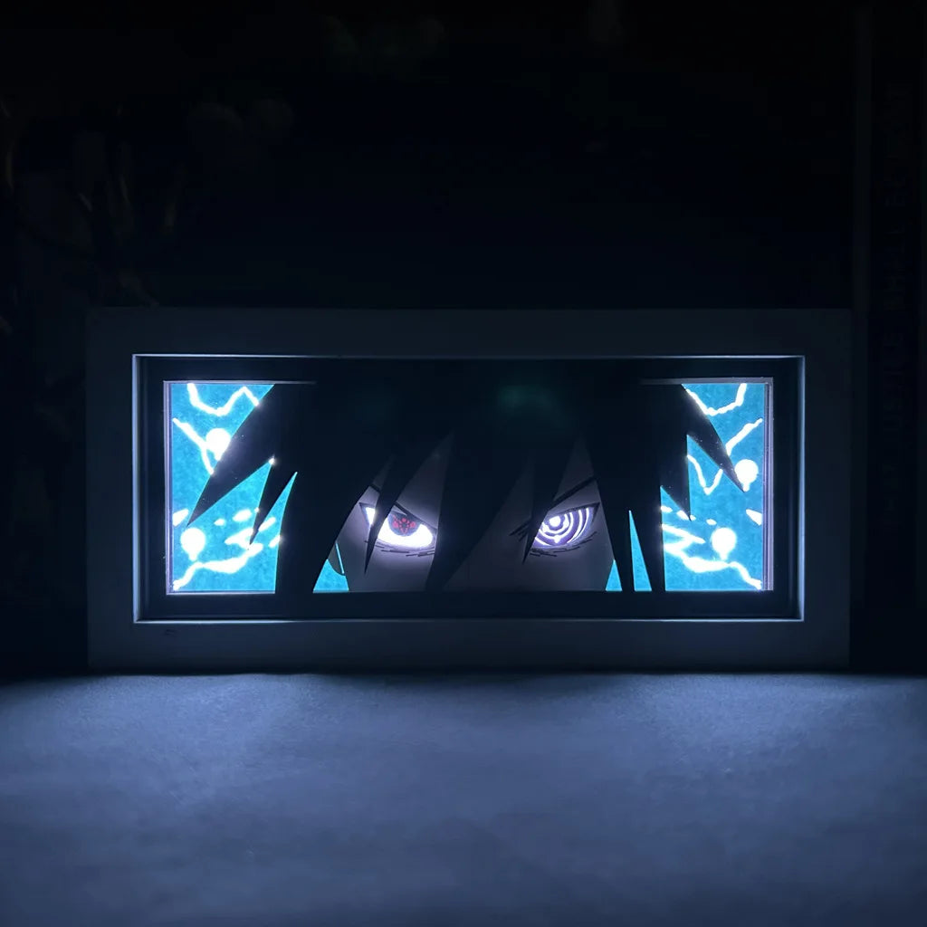 <img src="sasuke-rinnegan.jpg" alt="LED lightbox featuring Sasuke Uchiha with Rinnegan eyes from Naruto Shippuden anime, powerful wall decor for anime and manga fans. Sasuke in his iconic Rinnegan mode, showcasing intense gaze and electric blue lightning background. Perfect for Naruto fans, anime room decor, Naruto Shippuden collectibles, and unique anime gifts. High-quality LED frame with Sasuke Uchiha, highlighting his legendary Sharingan and Rinnegan abilities. Ideal for Naruto merchandise collectors.">