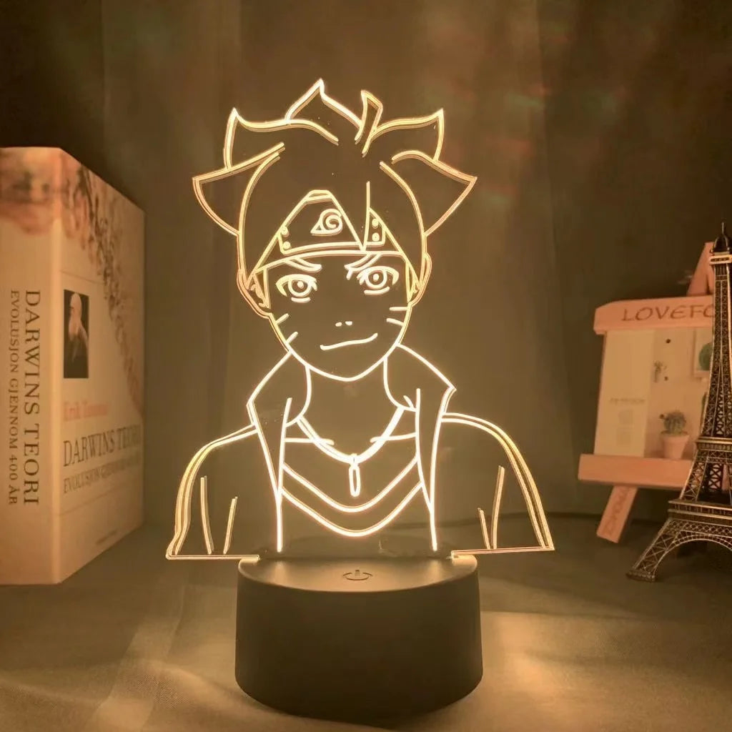 img src="Illuminated acrylic nightlight featuring Boruto from the Naruto series. The design shows Boruto with his characteristic whisker marks and headband, glowing in warm light against a cozy background with decorative items. His determined expression and spiky hair capture his iconic look, making this nightlight a great piece for Boruto fans and anime decor enthusiasts."