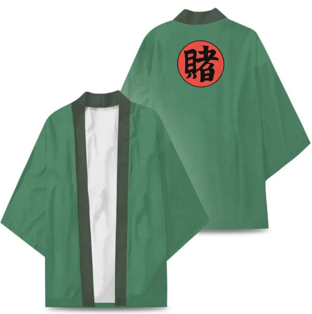 <img src="kimono-tsunade-naruto.jpg" alt="Tsunade Kimono featuring a sleek green design inspired by the legendary Hokage of Konoha. The back showcases a bold red and black 'Gamble' kanji symbol, reflecting Tsunade's iconic style and personality. Crafted from lightweight, high-quality fabric, this kimono is perfect for Naruto cosplay, anime conventions, or casual wear. Designed for comfort and durability, it’s a must-have for collectors and fans of the Naruto universe, celebrating Tsunade's strength.">