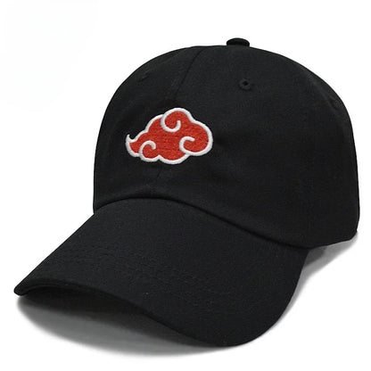 <img src="black-akatsuki-cap.jpg" alt="White Akatsuki cap with iconic red cloud symbol from Naruto Shippuden anime. Adjustable unisex hat, perfect for Naruto fans, cosplay, or anime streetwear. High-quality embroidered Akatsuki cloud logo, ideal for collectors, anime lovers, and Naruto merchandise enthusiasts. Stylish Naruto Akatsuki cap for fans of Japanese anime and manga culture.">